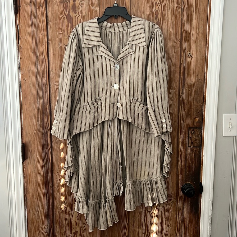 Magnolia, pearl, asymmetrical, cutaway linen jacket